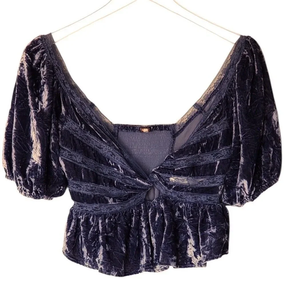 Free People Yours Truly Velvet Top Boho Victorian V-Neck Blouse
